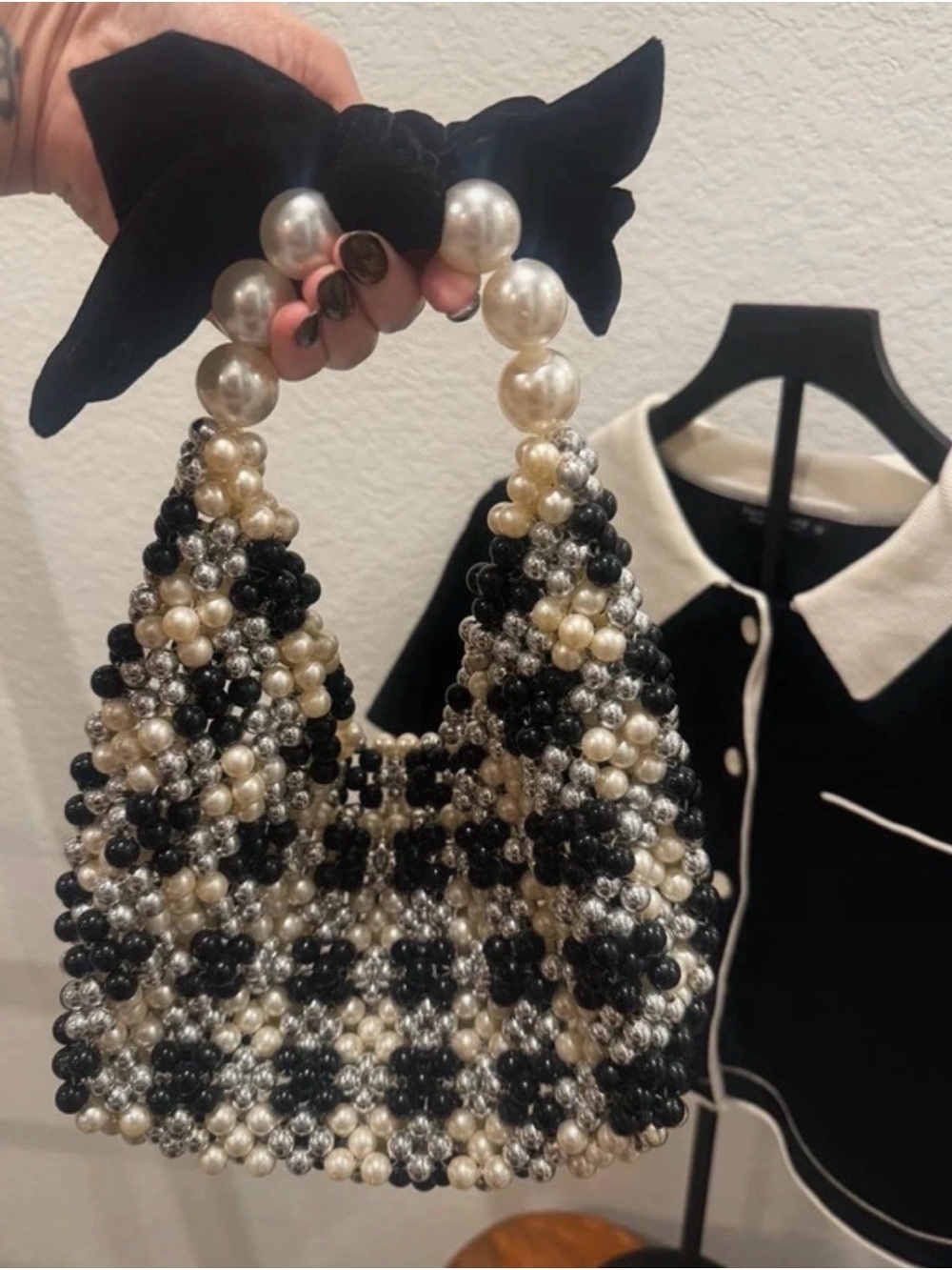a new day Black, Pearl & Silver Beaded Mini Shoulder Bag
